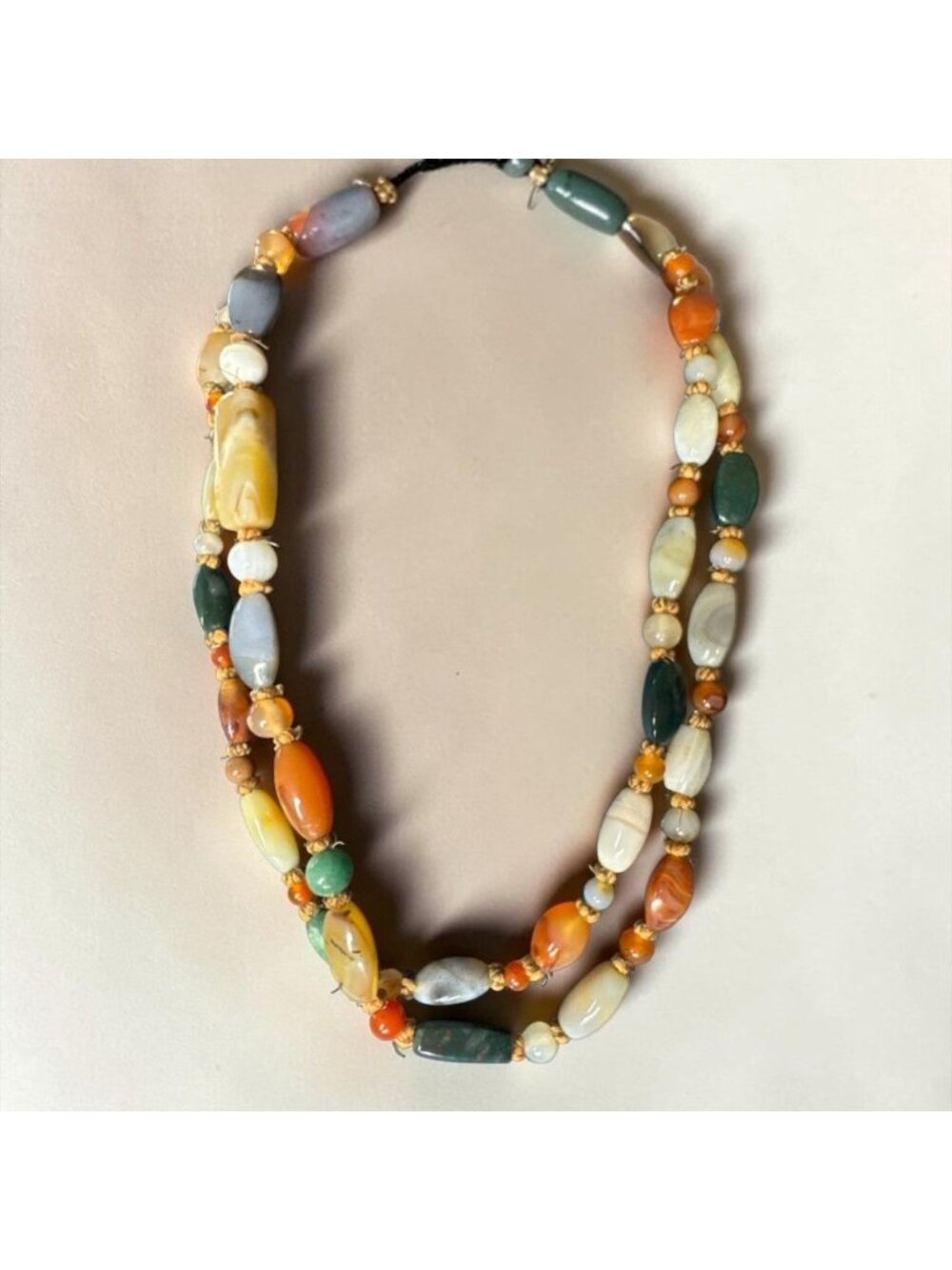 Handcrafted Boho Multicolor Natural Stone Beaded Necklace 50” Long Strand Earthy